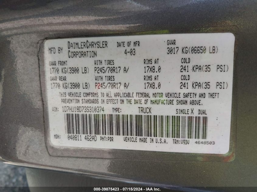 2003 Dodge Ram 1500 Slt/Laramie/St VIN: 1D7HU18D73S310374 Lot: 39875423