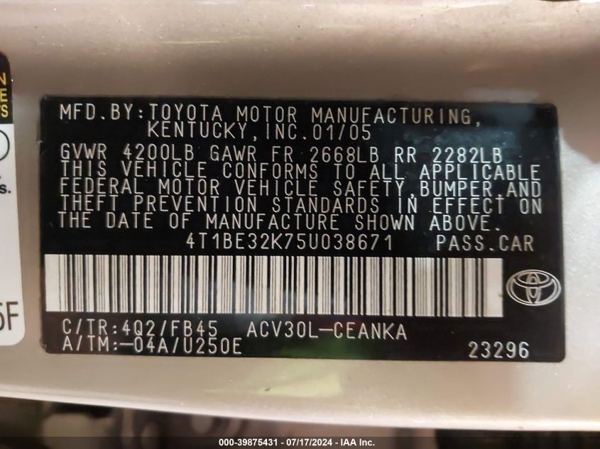 2005 Toyota Camry Le/Xle/Se VIN: 4T1BE32K75U038671 Lot: 39875431