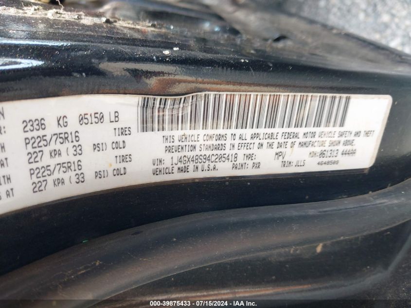 2004 Jeep Grand Cherokee Laredo VIN: 1J4GX48S94C205418 Lot: 39875433