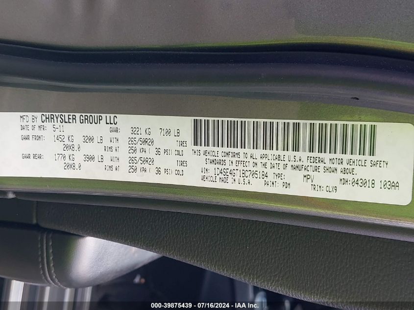 2011 Dodge Durango Crew VIN: 1D4SE4GT1BC705184 Lot: 39875439