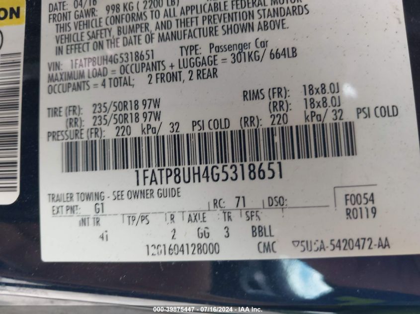 2016 Ford Mustang VIN: 1FATP8UH4G5318651 Lot: 39875447