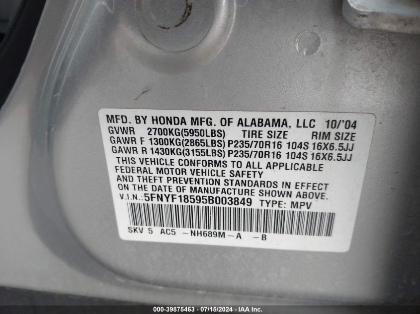 2005 Honda Pilot Ex-L VIN: 5FNYF18595B003849 Lot: 39875463