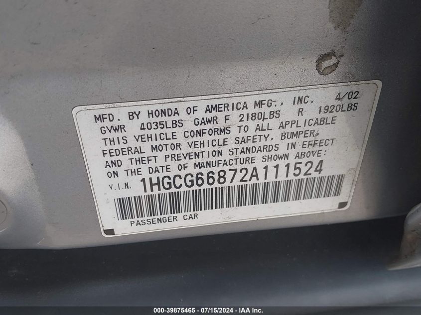 1HGCG66872A111524 | 2002 HONDA ACCORD