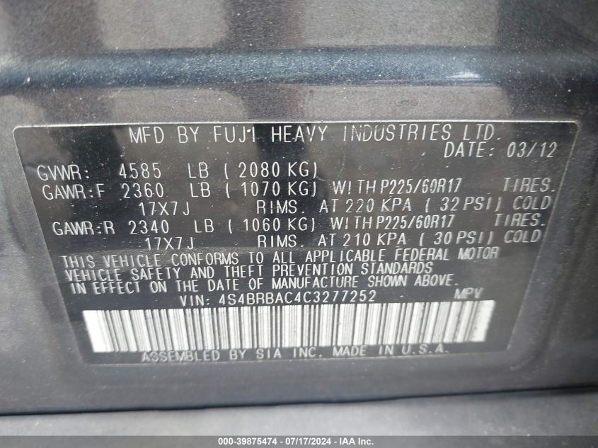 2012 Subaru Outback 2.5I VIN: 4S4BRBAC4C3277252 Lot: 39875474