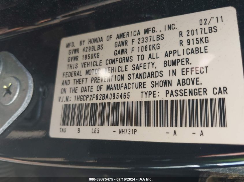 1HGCP2F62BA095465 | 2011 HONDA ACCORD