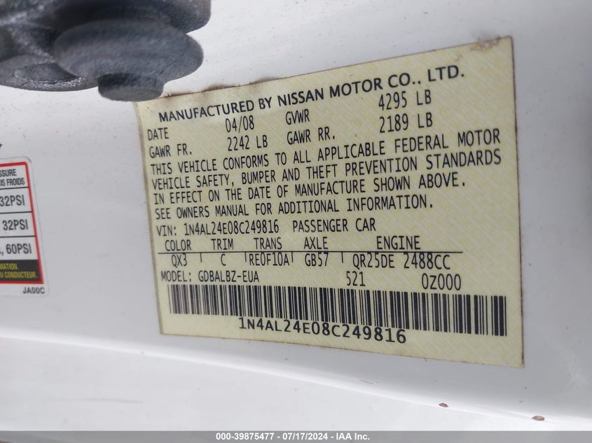 2008 Nissan Altima 2.5 S VIN: 1N4AL24E08C249816 Lot: 39875477