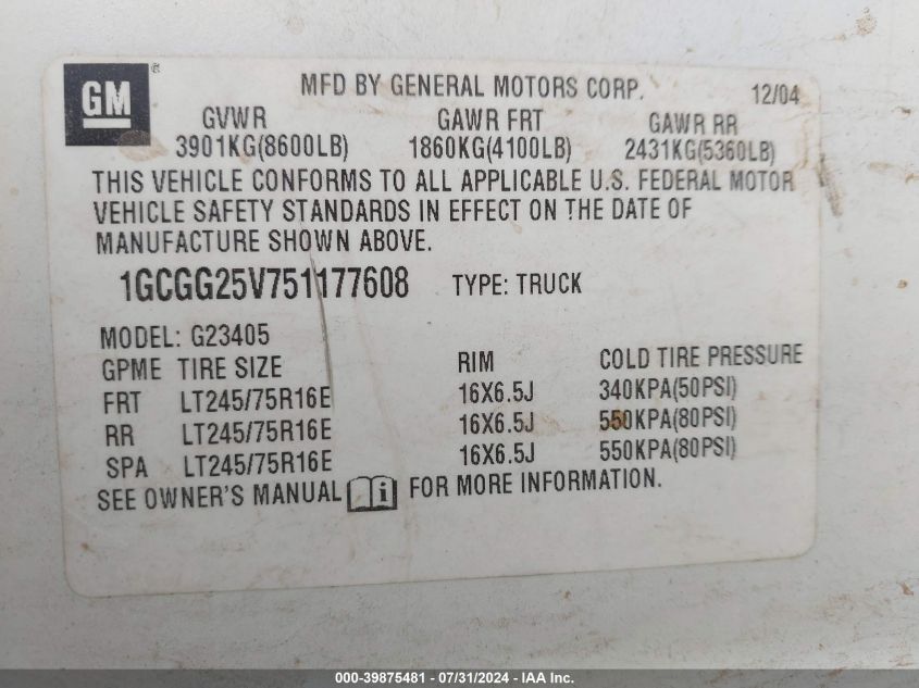 2005 Chevrolet Express VIN: 1GCGG25V751177608 Lot: 39875481
