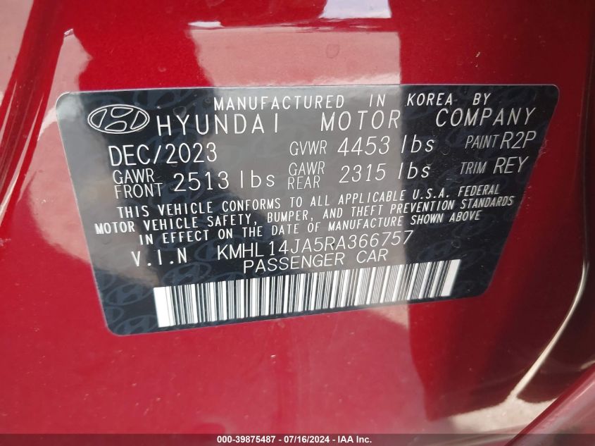 2024 Hyundai Sonata Sel VIN: KMHL14JA5RA366757 Lot: 39875487