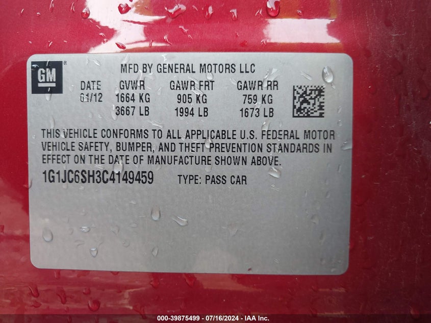 2012 Chevrolet Sonic 2Lt VIN: 1G1JC6SH3C4149459 Lot: 39875499