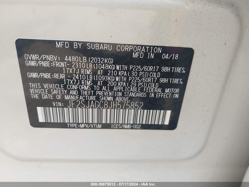 2018 Subaru Forester 2.5I Premium VIN: JF2SJAGC8JH575852 Lot: 39875512