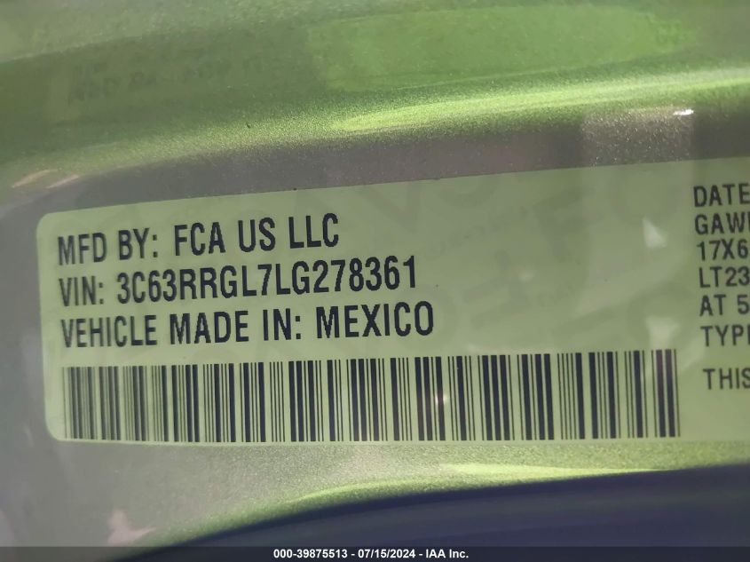 2020 Ram 3500 Tradesman 4X4 8' Box VIN: 3C63RRGL7LG278361 Lot: 39875513