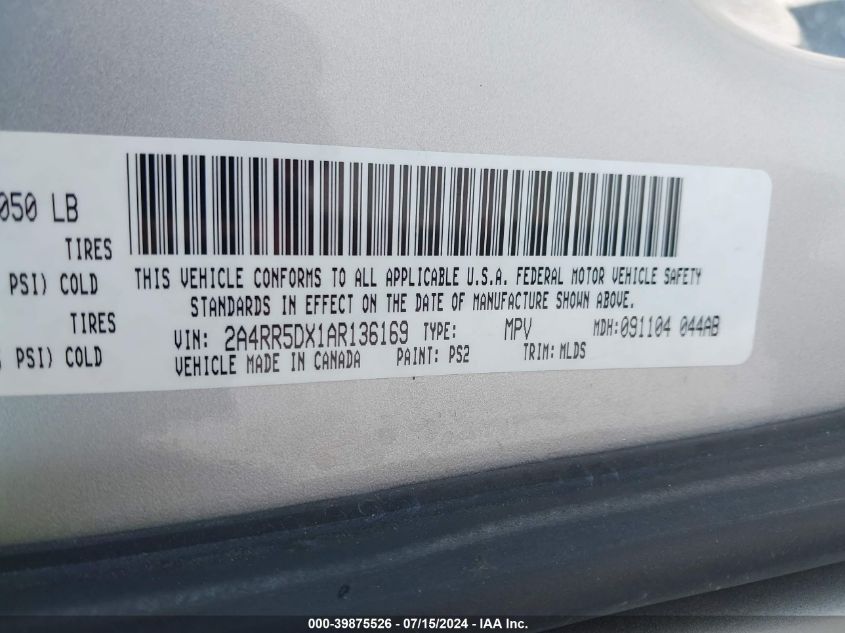 2010 Chrysler Town & Country Touring VIN: 2A4RR5DX1AR136169 Lot: 39875526