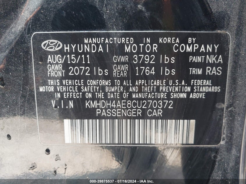 2012 Hyundai Elantra Gls (Ulsan Plant) VIN: KMHDH4AE8CU270372 Lot: 39875537
