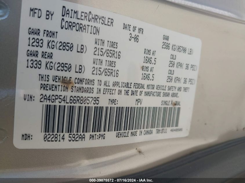 2006 Chrysler Town & Country Touring VIN: 2A4GP54L66R805795 Lot: 39875572
