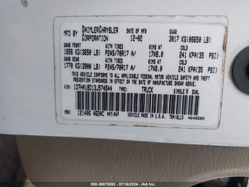 2003 Dodge Ram 1500 St/Slt VIN: 1D7HA18D13J574544 Lot: 39875592