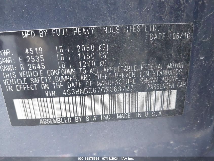 2016 Subaru Legacy 2.5I Premium VIN: 4S3BNBC67G3063787 Lot: 39875595