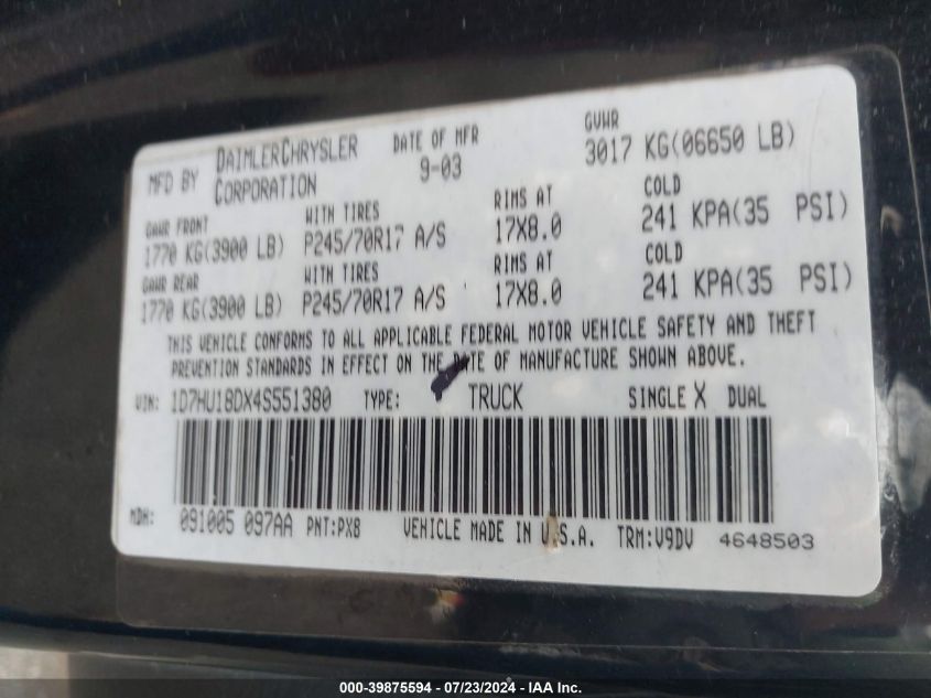 2004 Dodge Ram 1500 St/Slt VIN: 1D7HU18DX4S551380 Lot: 39875594