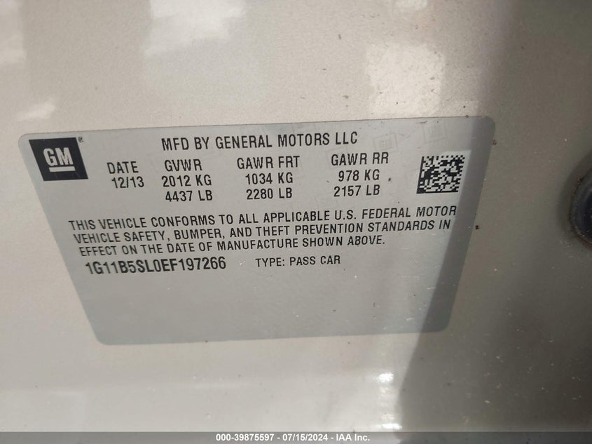 2014 Chevrolet Malibu 1Ls VIN: 1G11B5SL0EF197266 Lot: 39875597