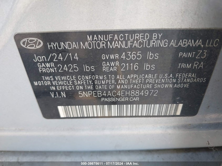 2014 Hyundai Sonata Gls VIN: 5NPEB4AC4EH884972 Lot: 39875611