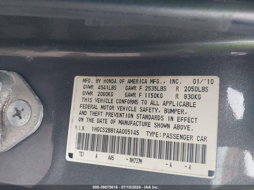 2010 Honda Accord 3.5 Ex-L VIN: 1HGCS2B81AA005145 Lot: 39875616
