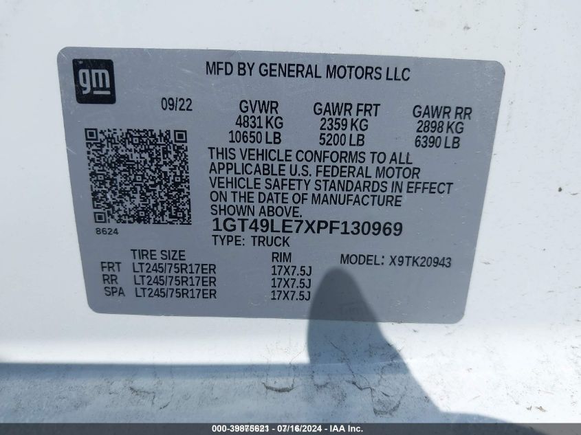 2023 GMC Sierra 2500Hd 4Wd Long Bed Pro VIN: 1GT49LE7XPF130969 Lot: 39875621