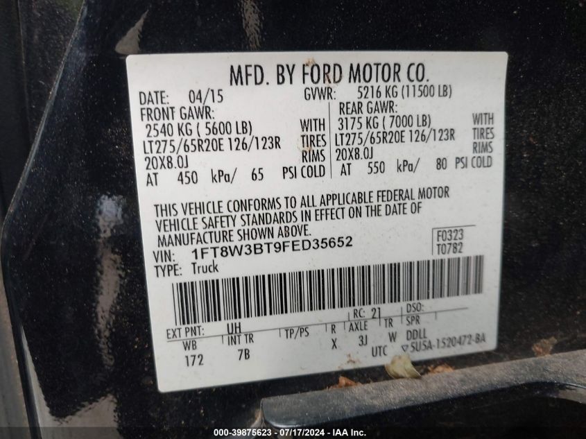 2015 Ford F-350 Lariat VIN: 1FT8W3BT9FED35652 Lot: 39875623