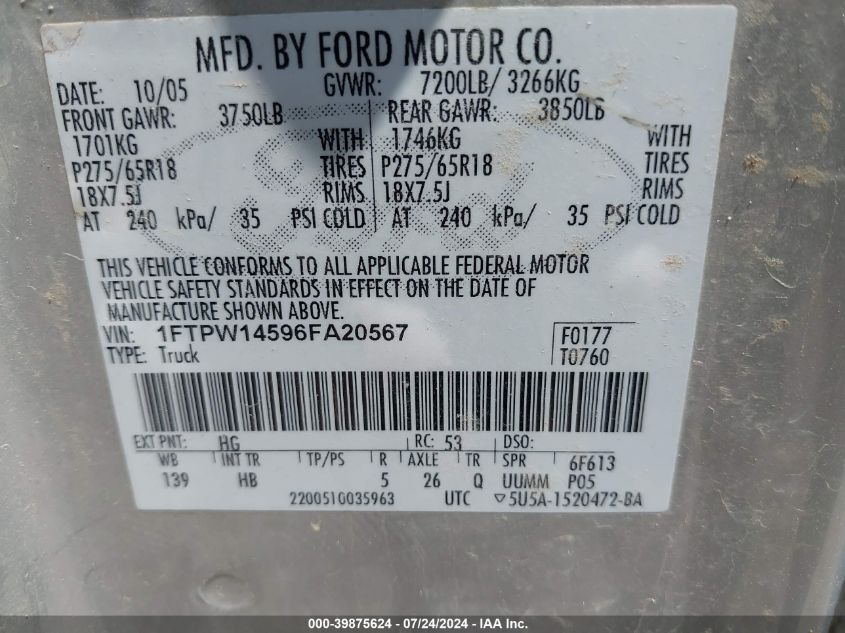 2006 Ford F-150 Fx4/Lariat/Xlt VIN: 1FTPW14596FA20567 Lot: 39875624