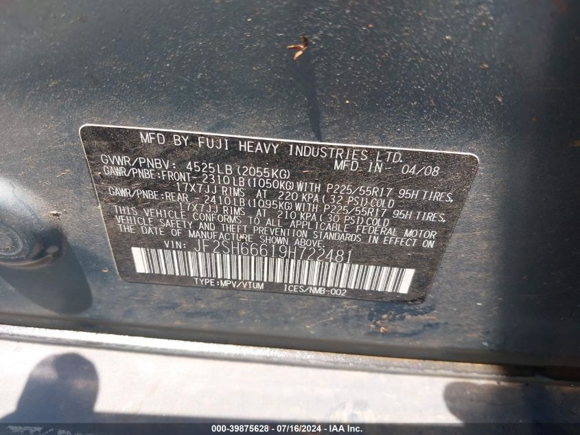 2009 Subaru Forester 2.5Xt Limited VIN: JF2SH66619H722481 Lot: 39875628