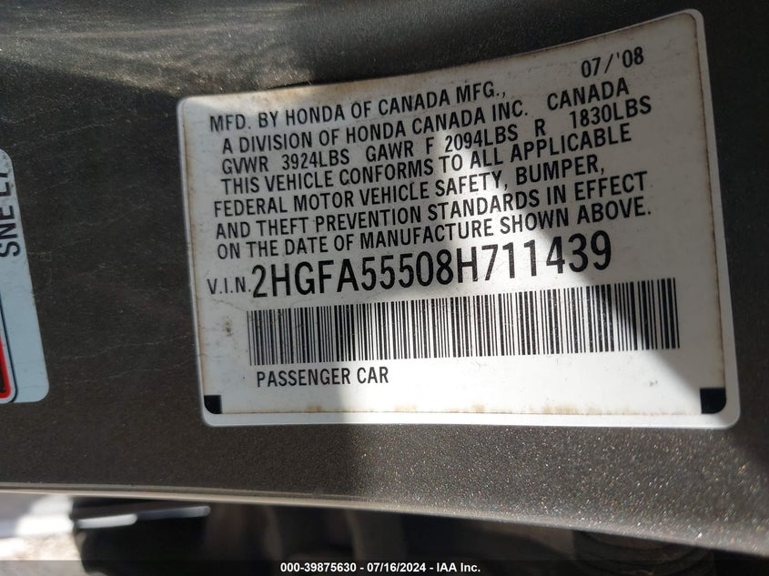 2008 Honda Civic Si/Si Mugen VIN: 2HGFA55508H711439 Lot: 39875630