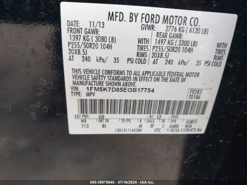 2014 Ford Explorer Xlt VIN: 1FM5K7D85EGB17754 Lot: 39875645