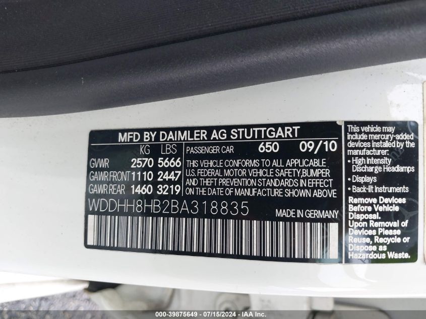 2011 Mercedes-Benz E 350 4Matic VIN: WDDHH8HB2BA318835 Lot: 39875649