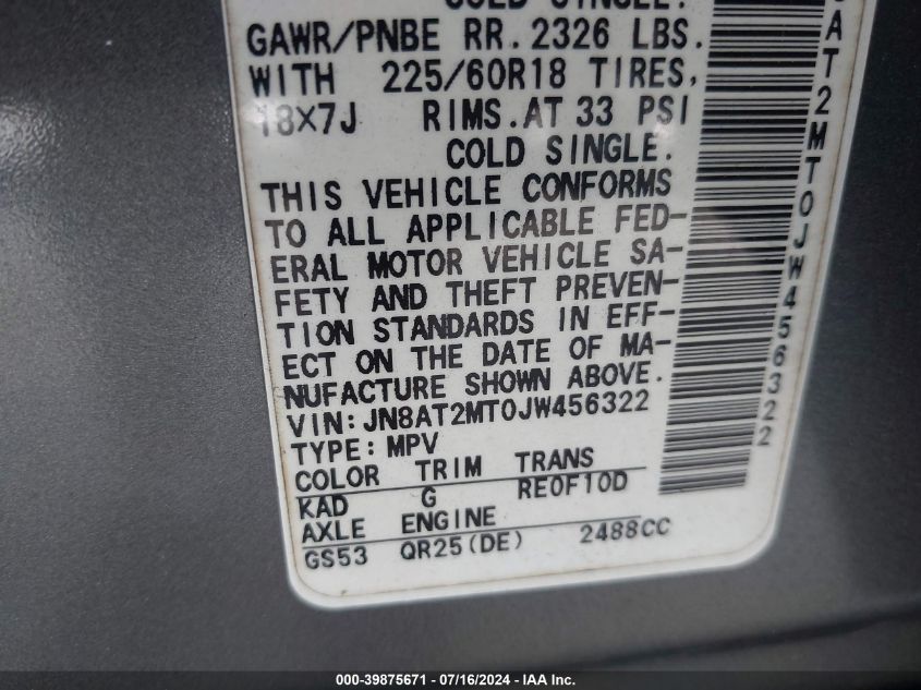 2018 Nissan Rogue S/Sl/Sv VIN: JN8AT2MT0JW456322 Lot: 39875671