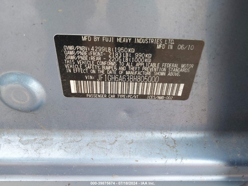2011 Subaru Impreza 2.5I VIN: JF1GH6A63BH805000 Lot: 39875674