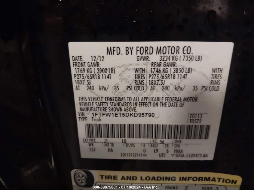 2013 Ford F-150 Lariat VIN: 1FTFW1ET5DKD95790 Lot: 39875681