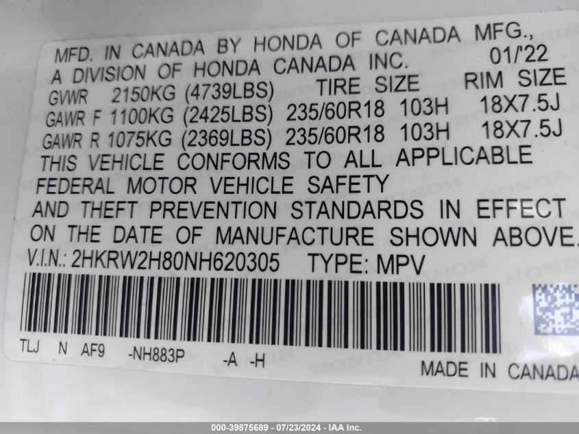 2022 Honda Cr-V Awd Ex-L VIN: 2HKRW2H80NH620305 Lot: 39875689