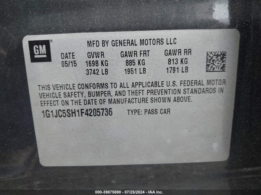 2015 Chevrolet Sonic Lt Auto VIN: 1G1JC5SH1F4205736 Lot: 39875690