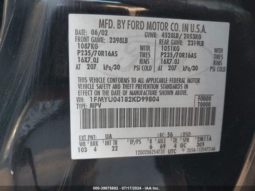 2002 Ford Escape Xlt VIN: 1FMYU04182KD99804 Lot: 39875692