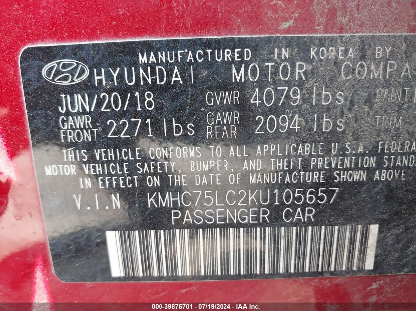 2019 Hyundai Ioniq Hybrid Sel VIN: KMHC75LC2KU105657 Lot: 39875701