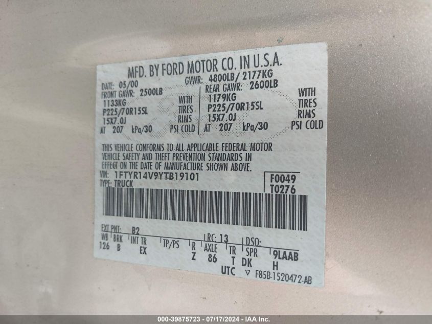 2000 Ford Ranger Xl/Xlt VIN: 1FTYR14V9YTB19101 Lot: 39875723