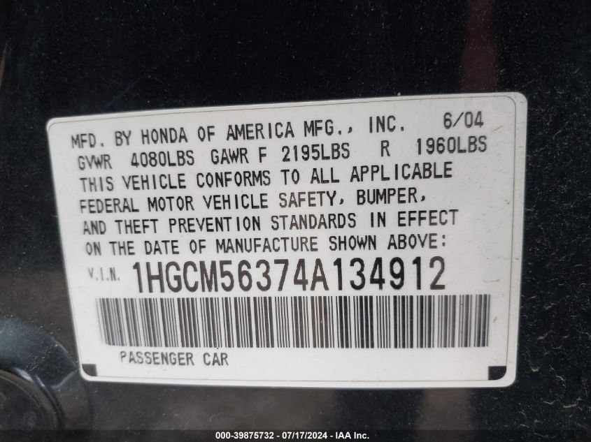2004 Honda Accord 2.4 Lx VIN: 1HGCM56374A134912 Lot: 39875732