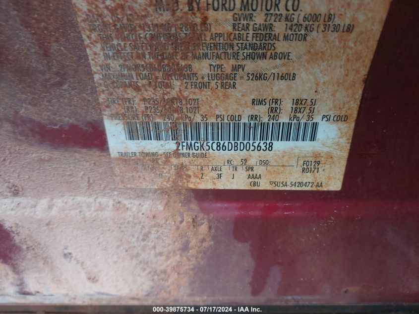 2013 Ford Flex Sel VIN: 2FMGK5C86DBD05638 Lot: 39875734