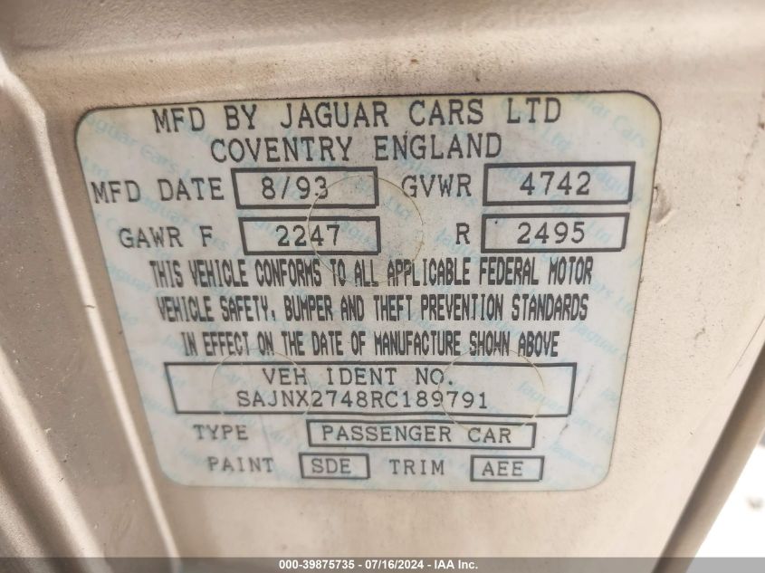 1994 Jaguar Xjs 2+2 VIN: SAJNX2748RC189791 Lot: 39875735