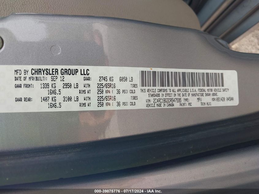 2013 Chrysler Town & Country Touring VIN: 2C4RC1BG3DR547595 Lot: 39875776