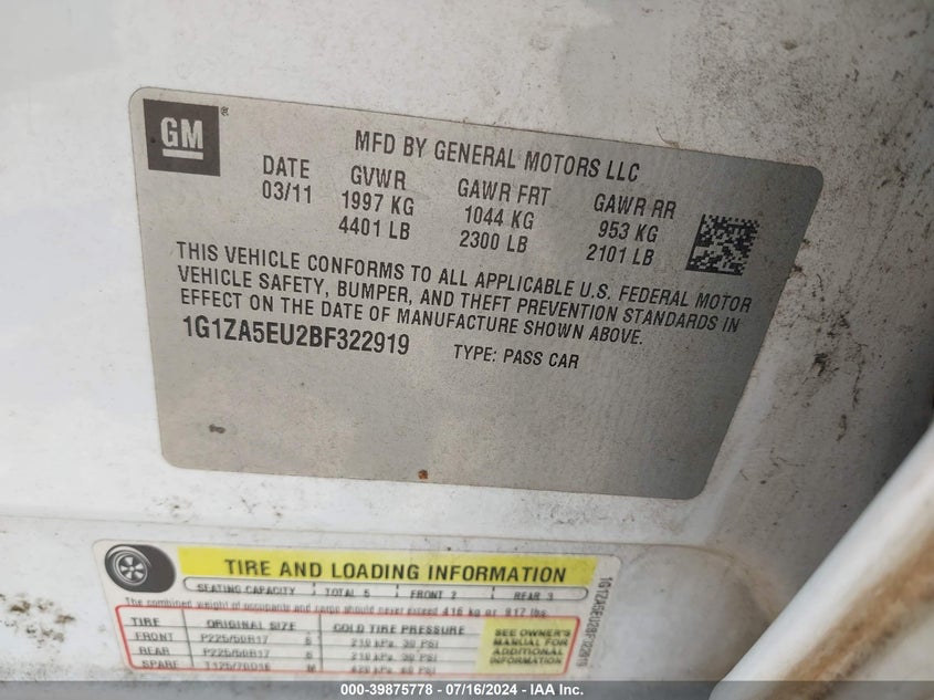 2011 Chevrolet Malibu Ls VIN: 1G1ZA5EU2BF322919 Lot: 39875778