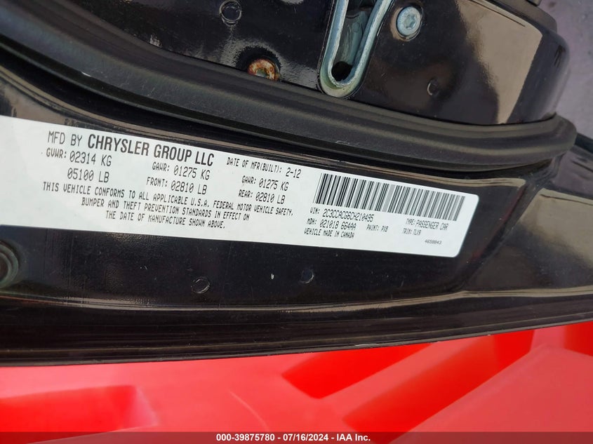 2012 Chrysler 300 Limited VIN: 2C3CCACG6CH210495 Lot: 39875780