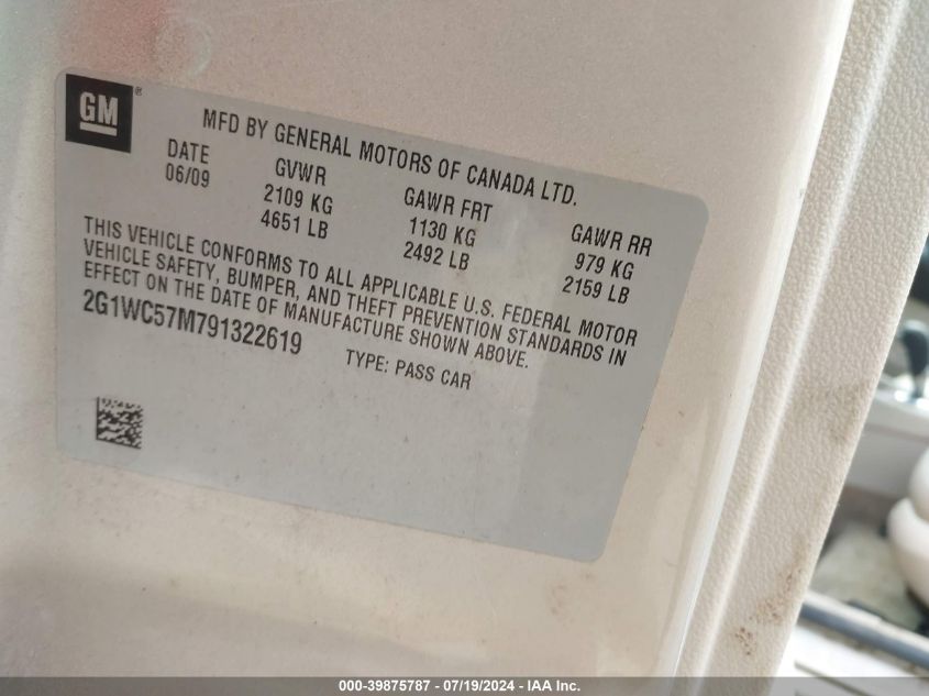 2009 Chevrolet Impala Lt VIN: 2G1WC57M791322619 Lot: 39875787