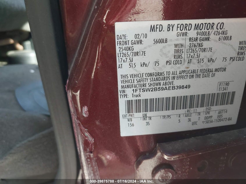 2010 Ford F-250 Cabela's/King Ranch/Lariat/Xl/Xlt VIN: 1FTSW2B59AEB39849 Lot: 39875788