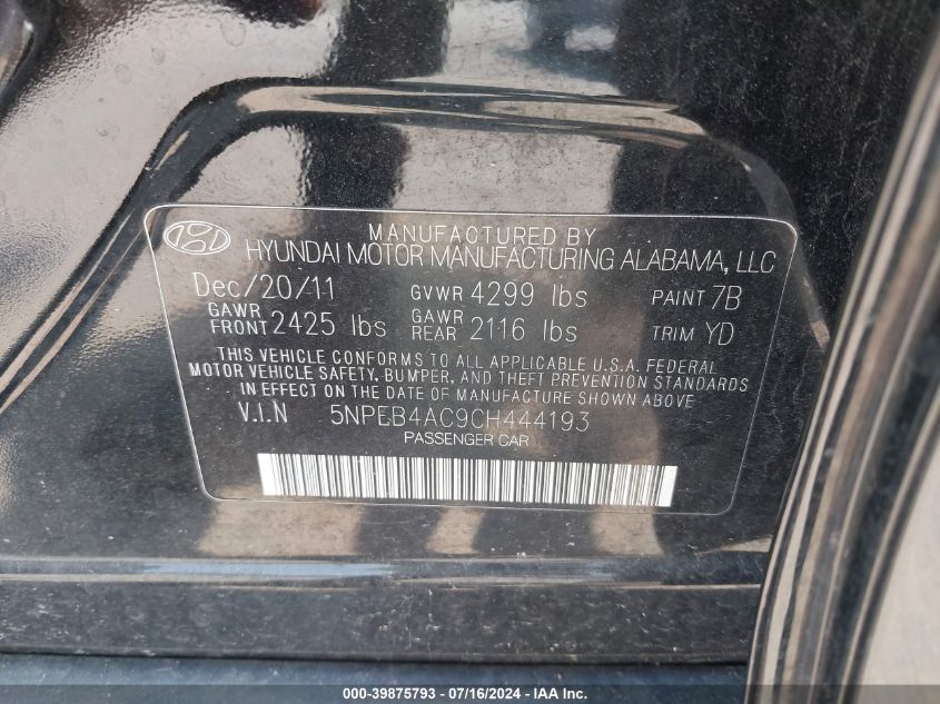 2012 Hyundai Sonata Gls VIN: 5NPEB4AC9CH444193 Lot: 39875793