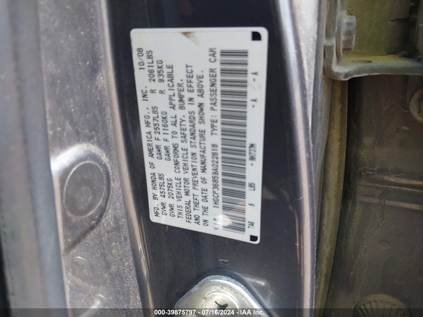 2009 Honda Accord 3.5 Ex-L VIN: 1HGCP36859A022818 Lot: 39875797