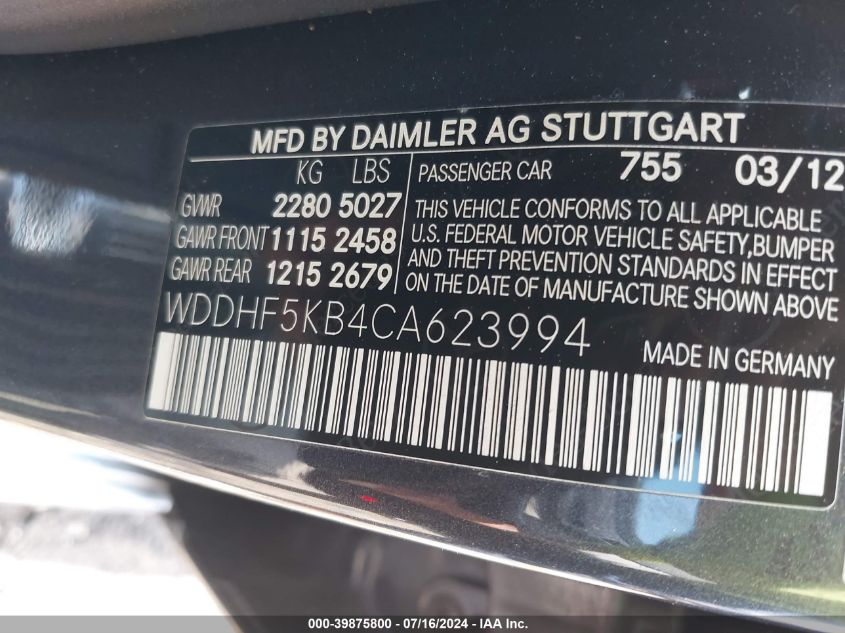 2012 Mercedes-Benz E 350 VIN: WDDHF5KB4CA623994 Lot: 39875800